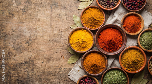 Colorful spice powders in small bowls on wooden table with bay leaf and cloth, warm aromatic scene evoking savory cooking