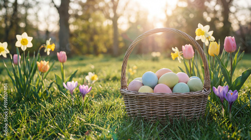 Pastel Easter eggs in wicker basket nestled among spring tulip and daffodil blooms in sunlit grassy garden, joyful seasonal scene