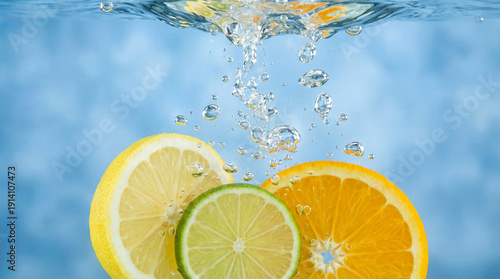 Lemon slice lime slice orange slice citrus fruit splash of water refreshing beverage summer drink blue background bubble motion