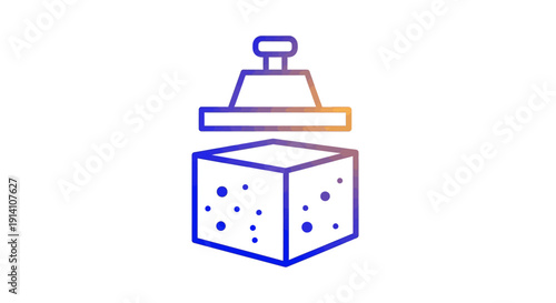 A gradient-colored icon showing a press compressing a dotted cube, symbolizing data processing, compression, or material science.