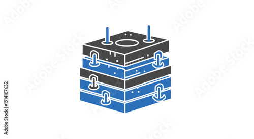 Abstract illustration of stacked industrial plates with alternating dark and blue layers, featuring holes and side fasteners, suggesting a manufacturing or molding component.