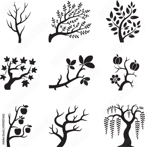 black silhouettes of trees and tree branches with leaves and fruits