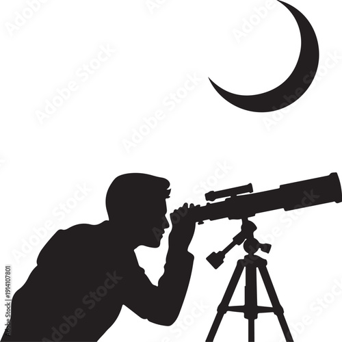 Silhouette of person using telescope to observe crescent moon