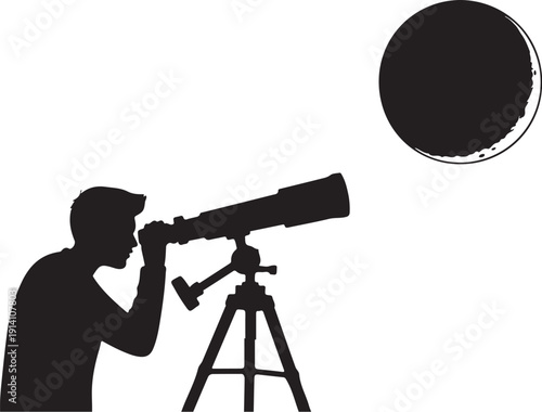 Silhouette of person using telescope to observe moon