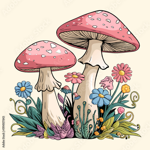 Charming illustration of two pink spotted mushrooms surrounded by a variety of colorful, whimsical wildflowers and lush green foliage on a light background.