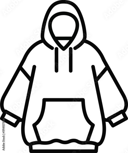 A simple line art icon of a hoodie, representing casual clothing and comfort