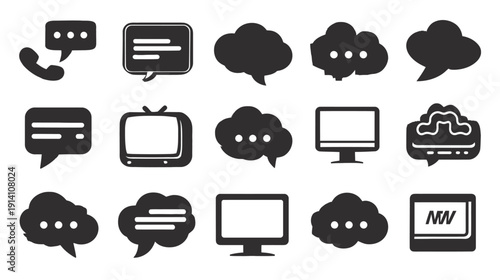 Modern Communication and Media Icons Set. Speech Bubbles, Technology Symbols for Digital Connectivity & Social Media.