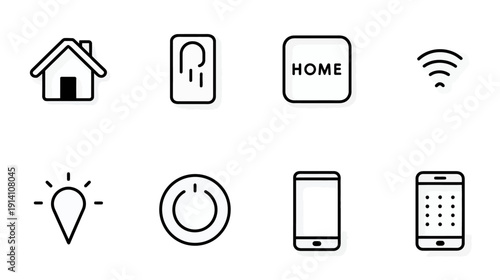 Minimalist Smart Home Technology Line Icons: Automation, Security, and Digital Control System Elements