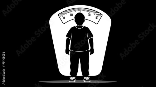 Overweight child silhouette standing on a weighing scale, illustrating childhood obesity, health problems, and weight management.