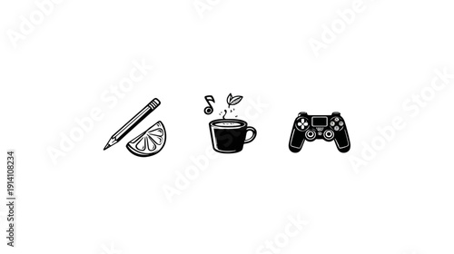 Creative hobbies and leisure activities icons set featuring drawing, coffee break, and video gaming. Lifestyle concept illustration.