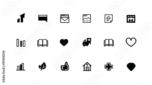 Diverse set of black and white line icons for user interface, web, mobile applications, business, communication, and digital design projects