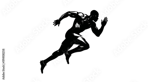 Powerful black silhouette of a running man, depicting speed, strength, and dynamic athletic motion. Isolated on white background.