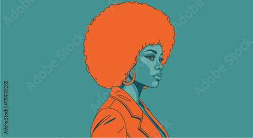 Striking illustration of a confident Black woman with a vibrant orange afro hairstyle, depicted in a stylish side profile against a teal background.