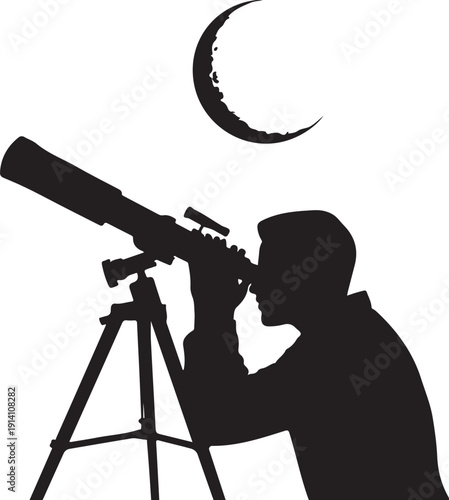 Silhouette of person using telescope under crescent moon