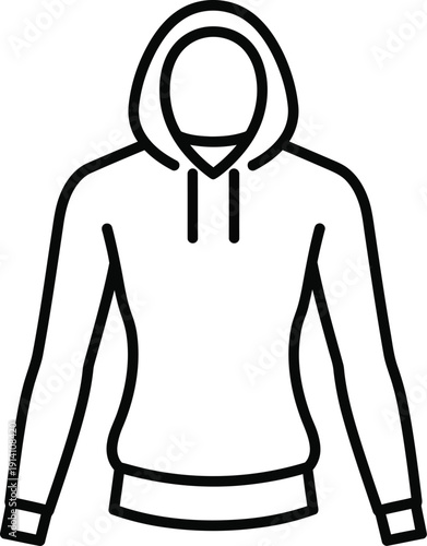 A simple black and white line icon illustrating a hoodie, representing casual clothing or apparel