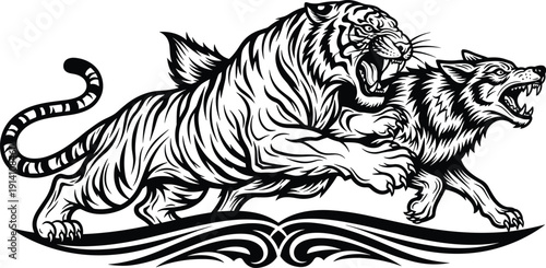 Blue and black line art vector illustration of a powerful tiger and wolf running together for predatory wildlife nature power and mascot branding design, (