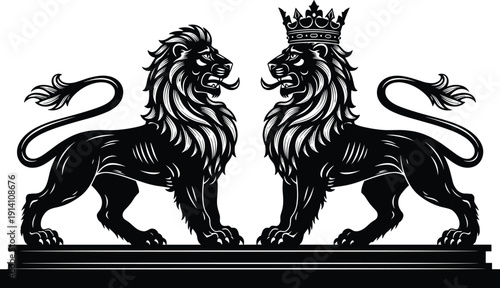 Blue and black line art vector illustration of two majestic lions facing each other with one wearing a crown for heraldic regal and royal branding,