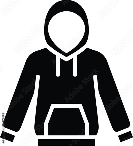A black silhouette icon representing a hoodie or hooded sweatshirt with a front pocket and long sleeves