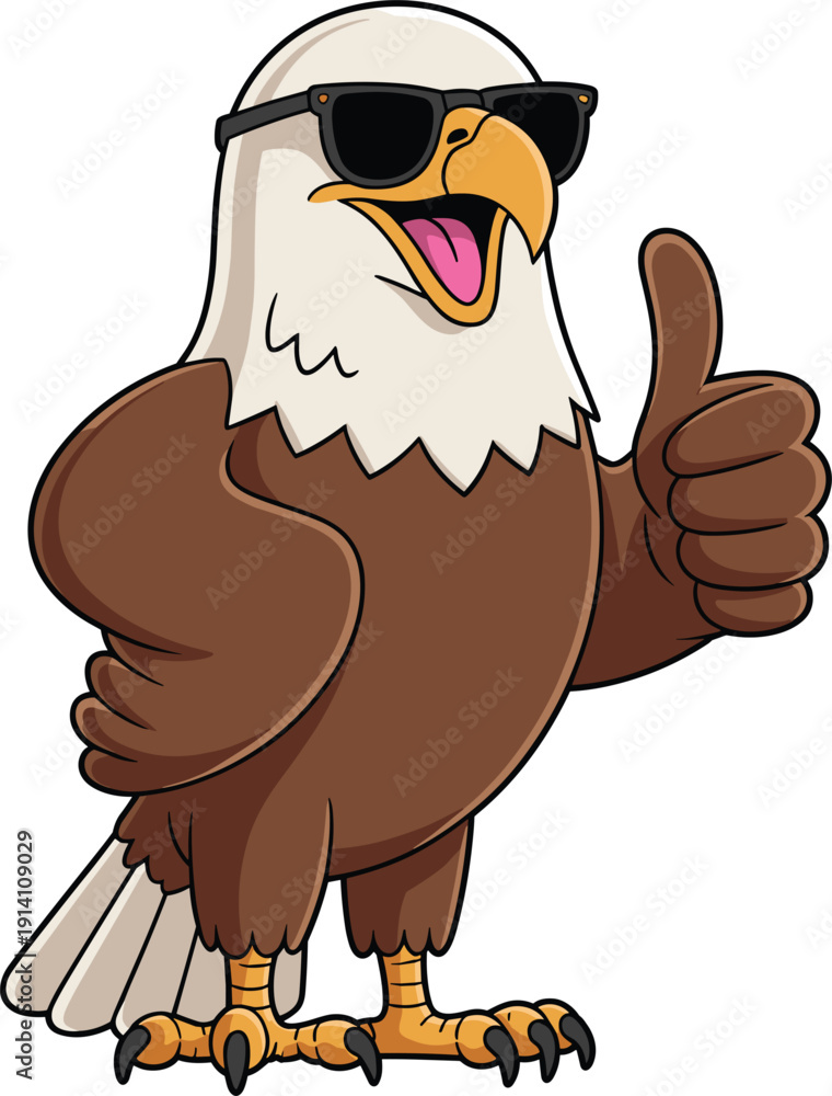 Naklejka premium Cool cartoon bald eagle mascot wearing black sunglasses and giving a thumbs up gesture for American patriotism sports team branding and national holiday celebration,