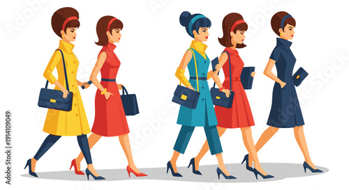 A vibrant illustration showcasing a stylish group of women in 1960s fashion, walking together with elegance and retro charm.