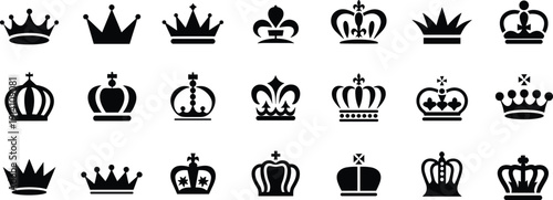 Royal crown silhouettes set, black king and queen crown icons collection, heraldic monarchy vector illustration isolated for luxury emblem design