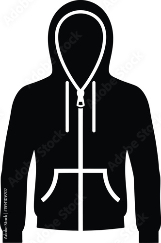 A black silhouette icon of a zipped hoodie with a hood and front pockets