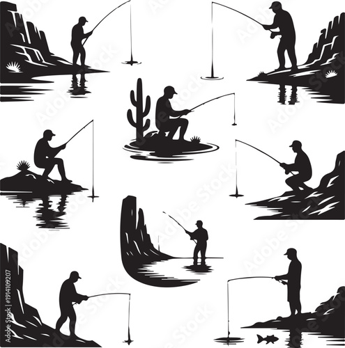 black silhouettes of men fishing on river banks and islands