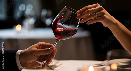Couple toasting with wine glasses in candlelit romantic dinner setting