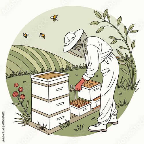 Beekeeper in white protective suit inspecting beehives in green field