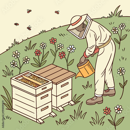 Beekeeper in white suit tending apiary with smoker and honeybees