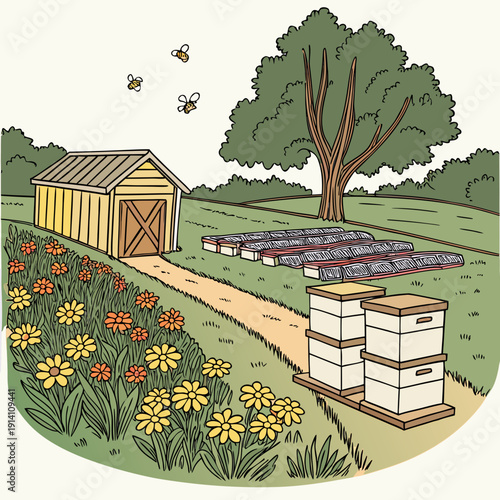 Apiary with beehives and flowers near a shed and tree