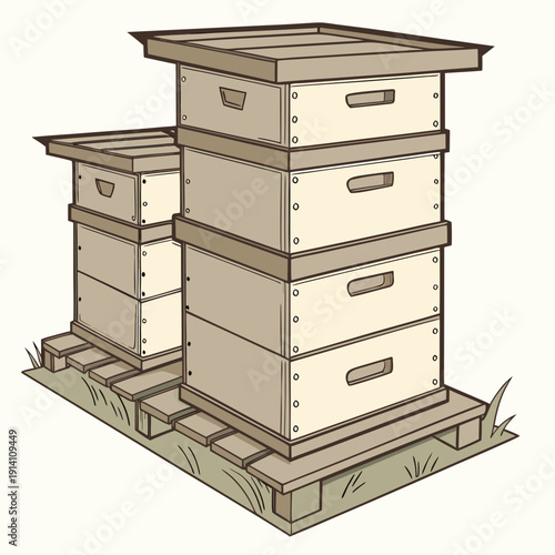 Stacked beehive boxes on pallets with grass bee hive
