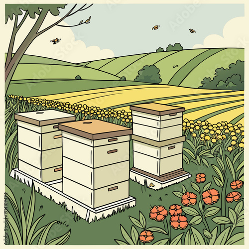 Beekeeping farm with bee hives and flowers in a rural landscape
