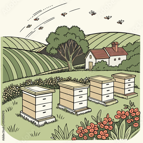 Beekeeping farm with three wooden hives and flying bees