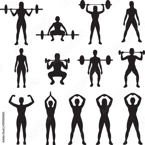 black silhouettes of people exercising with dumbbells and barbells