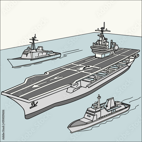 Aircraft carrier with two escort ships on water warship