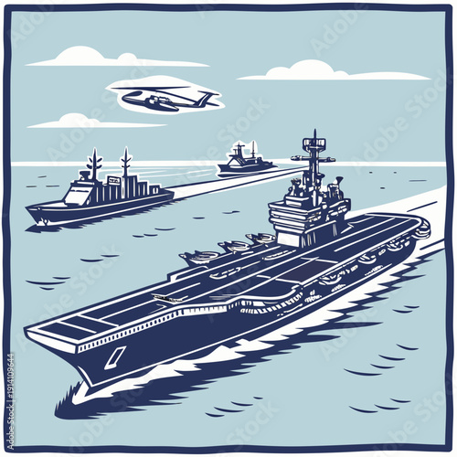 Navy aircraft carrier with escort ships and helicopter