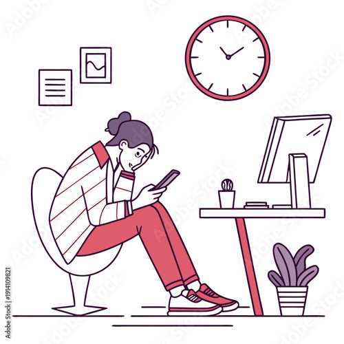 Woman sitting at desk looking at phone with clock and computer nearby