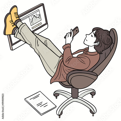 Man reclining in office chair with feet on laptop and holding phone