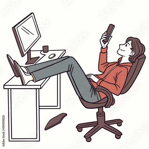 Woman reclining in office chair with feet on desk holding phone