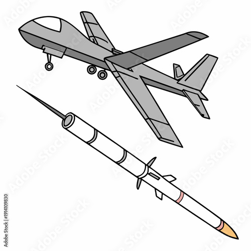 Gray drone and white missile with yellow tip