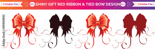 Vector decorative shiny gift red ribbon with tied bow design element isolated on white background.