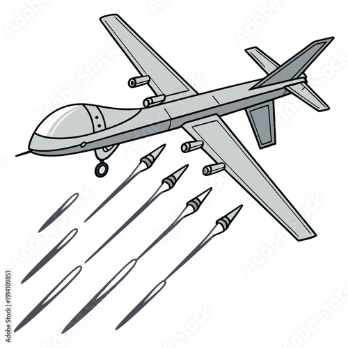 Gray combat drone launching missiles military