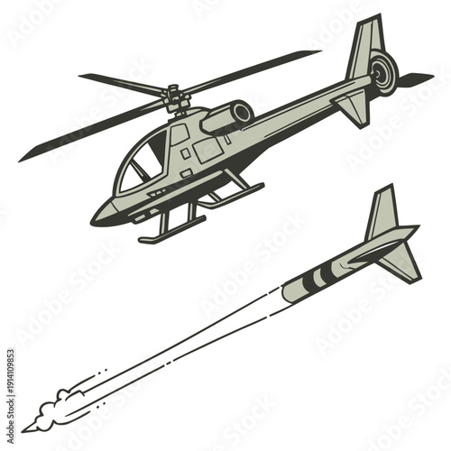 Military helicopter launching missile drone warfare