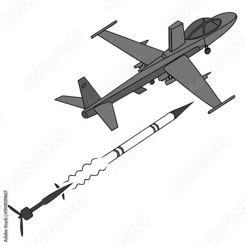 Gray drone launching missile with smoke trail aircraft