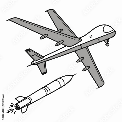 Gray unmanned aerial vehicle deploying missile drone