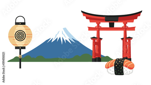Flat lay illustration of Japanese cultural icons including sushi, torii gate, lantern, and Mount Fuji on white background.