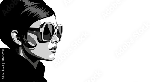 Stylish woman in large sunglasses with a classic updo hairstyle, depicted in a striking black and white pop art illustration, exuding elegance and mystery.