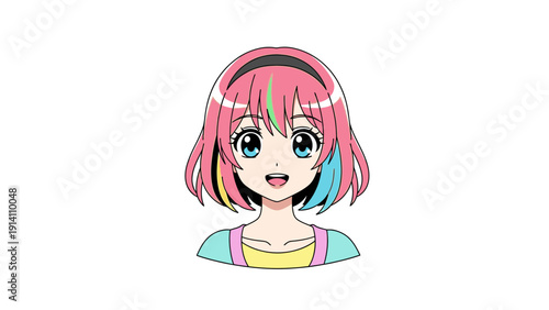Digital illustration of a cheerful anime girl with pink hair and colorful headphones on a white background.