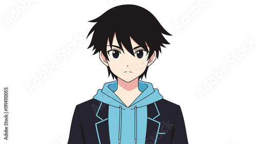 Anime-style portrait of a young man with dark hair wearing a blue hoodie and black jacket on a white background.